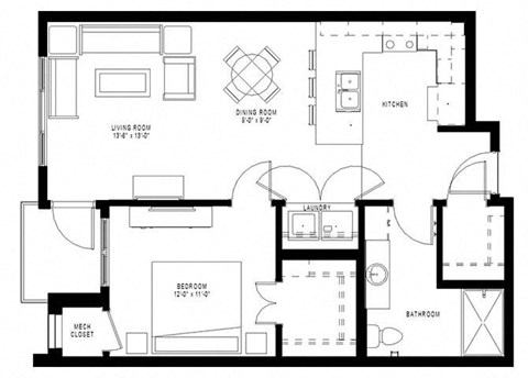 Floor plan for 1 bed, 1 bath, 798 sqft